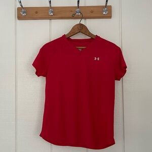 Red Under Armour short-sleeve workout shirt